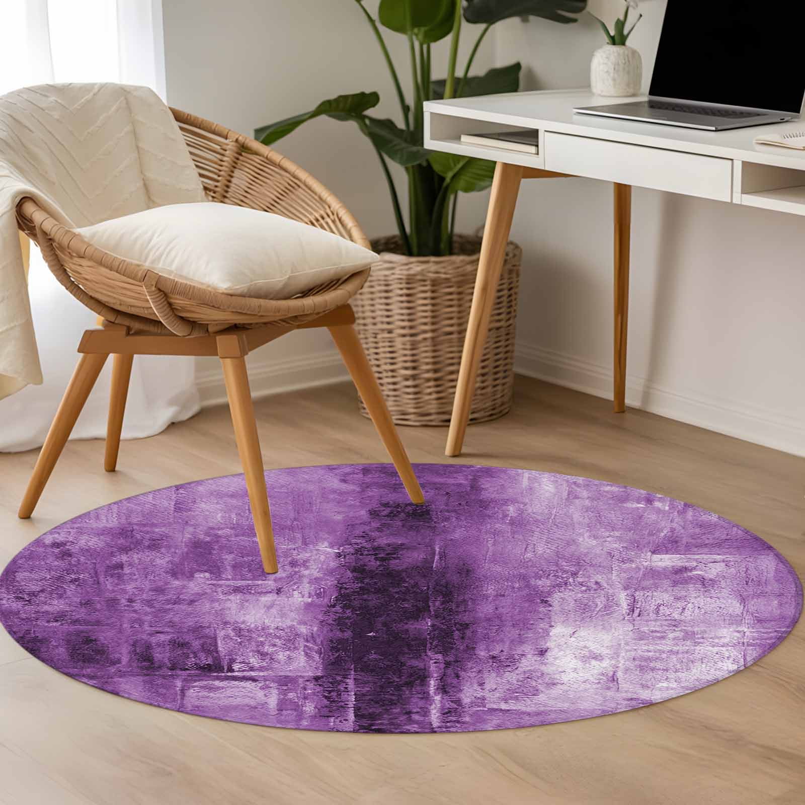 Purple Round Area Rug 4 FT, Non Slip Indoor Outdoor Rug, Retro Oil Painting Modern Abstract Art Aesthetics Washable Soft Circular Carpet Non-Shedding Floor Mat for Coffee Table Nursery Foyer Balcony
