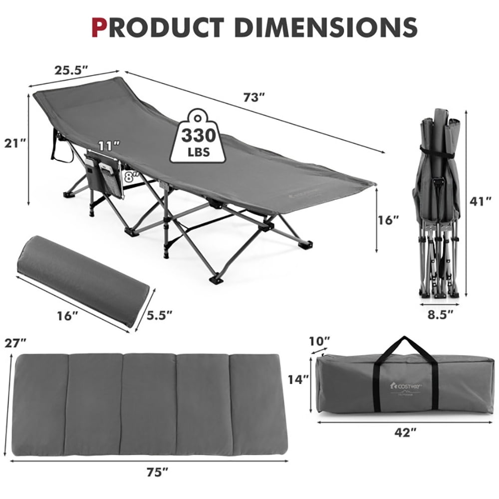 Aimee Lii Folding Retractable Travel Camping Cot with Mattress and Carry Bag, Outdoor Portable Camping Bed for Sleeping Hiking Travel, Gray