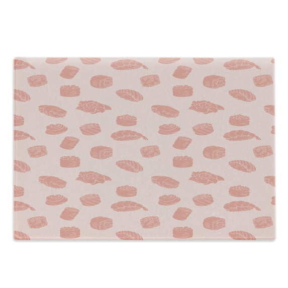 Sushi Cutting Board, Cuisine Delicious Wraps Caviar Eel Fish Food in Monochrome Tones Pattern, Decorative Tempered Glass Cutting and Serving Board, in 3 Sizes, by Ambesonne