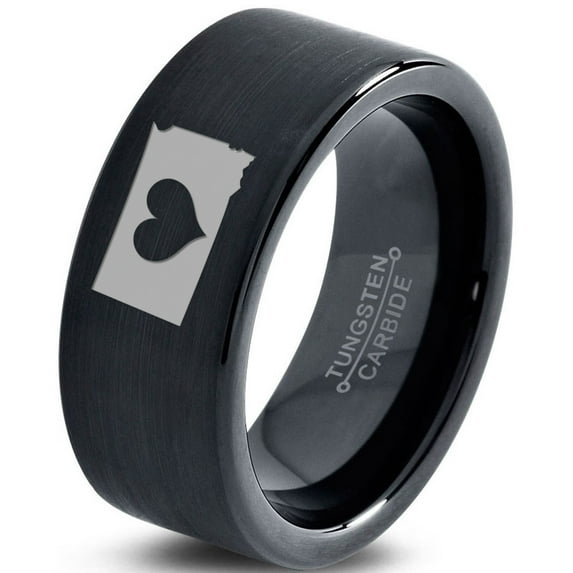 Tungsten South Dakota The Mount Rushmore State Heart Band Ring 9mm Men Women Comfort Fit Black Flat Cut Brushed Polished