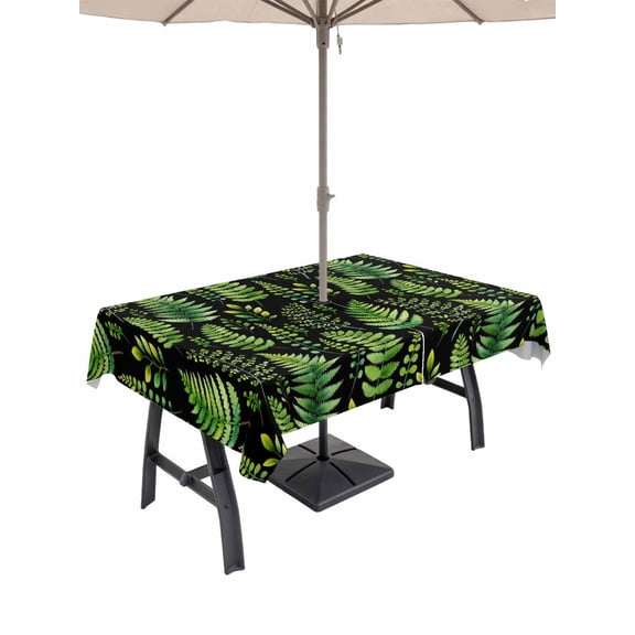 Spring Leaves Outdoor Tablecloth - 60x102 Inch Rectangle Dining Table Cover, Pastoral Garden Botanical Black Waterproof Outdoor Table Cloth with Umbrella Hole & Zipper for Picnic/Patio/Party