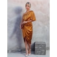 thumbnail image 5 of Women'S Satin Dress One Shoulder Flutter Short Sleeve Ruched Bodycon Wrap Cocktail Wedding Guest Dresses Brown M, 5 of 7