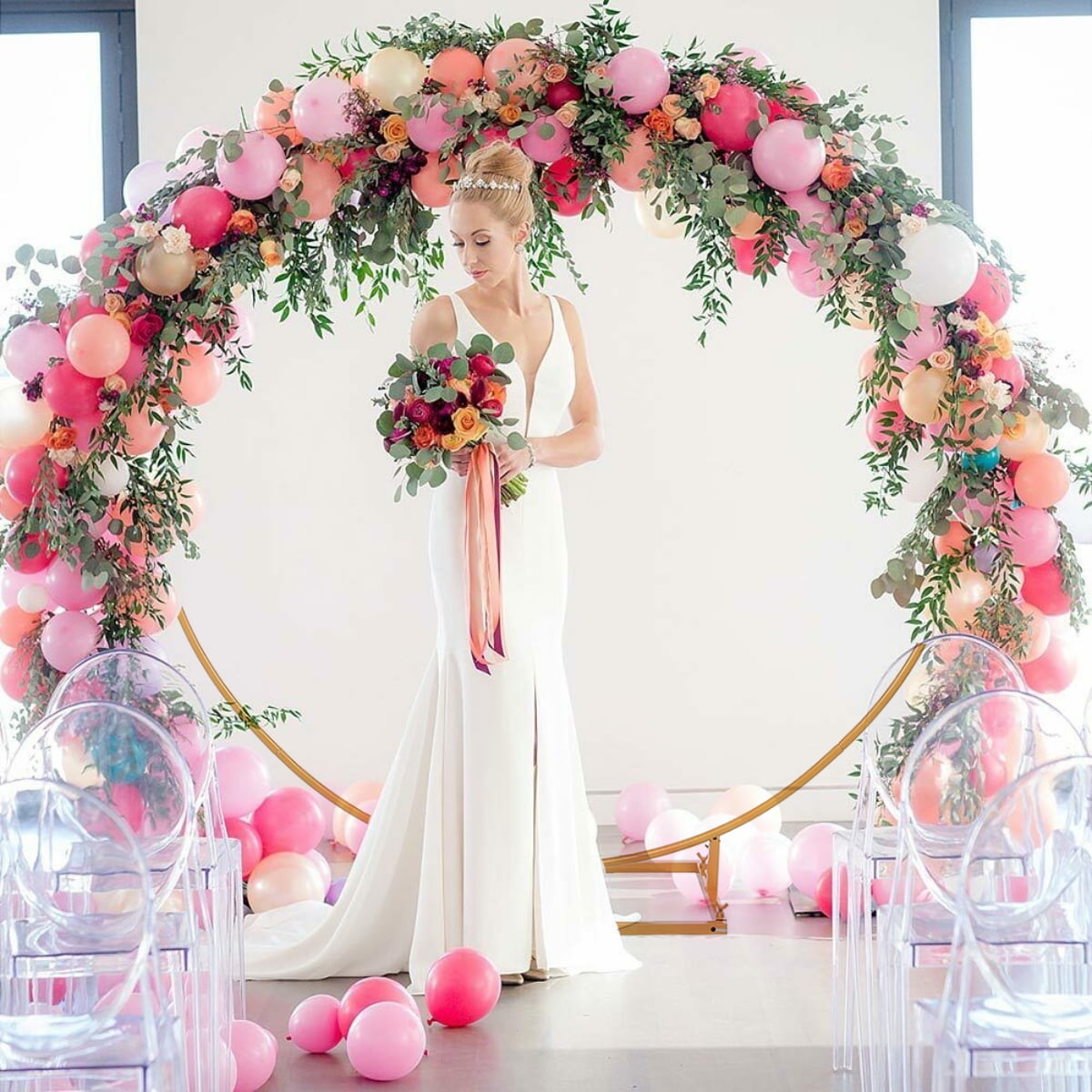 Bridal Wedding 2.6ft+3.3ft+3.9ft Round Backdrop Stand White Circle Metal Wedding Arch Balloon Flower Ring Stand for Garden Yard Indoor Outdoor Party Decoration 