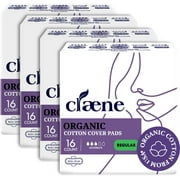 Claene Organic Cotton Cover Pads, Cruelty-Free, Menstrual Regular Pads for women, Unscented, Breathable, Vegan, Natural Sanitary Napkins with Wings (Regular, 4Pack, Total 64)
