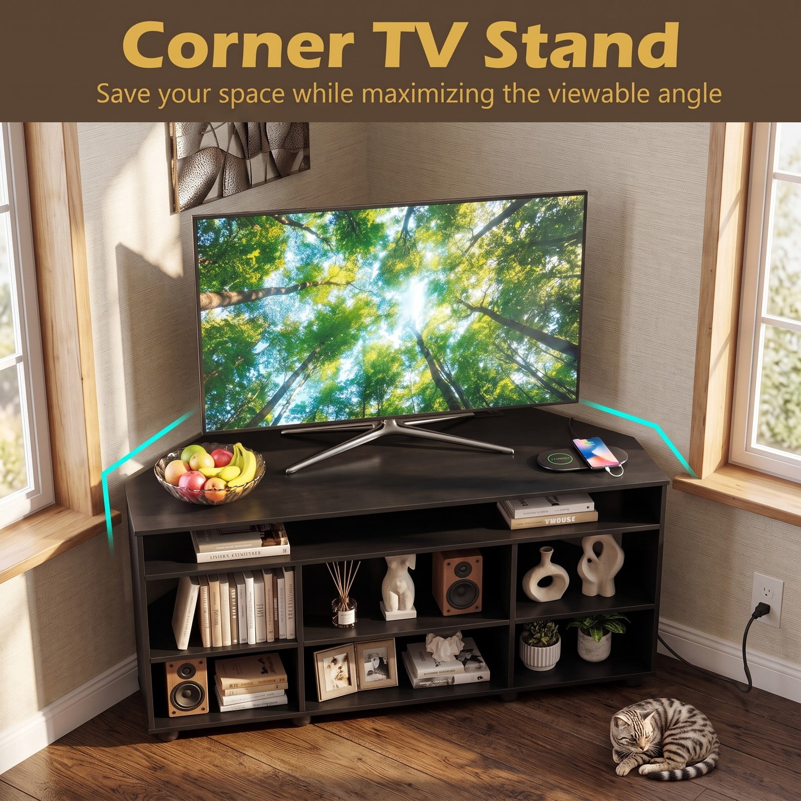Furnibear Corner TV Stand for TVs up to 55 Inch, Entertainment Center with Charging Station, 3 Adjustable Shelves, Wood Media Console Side Cabinet for Living, Black