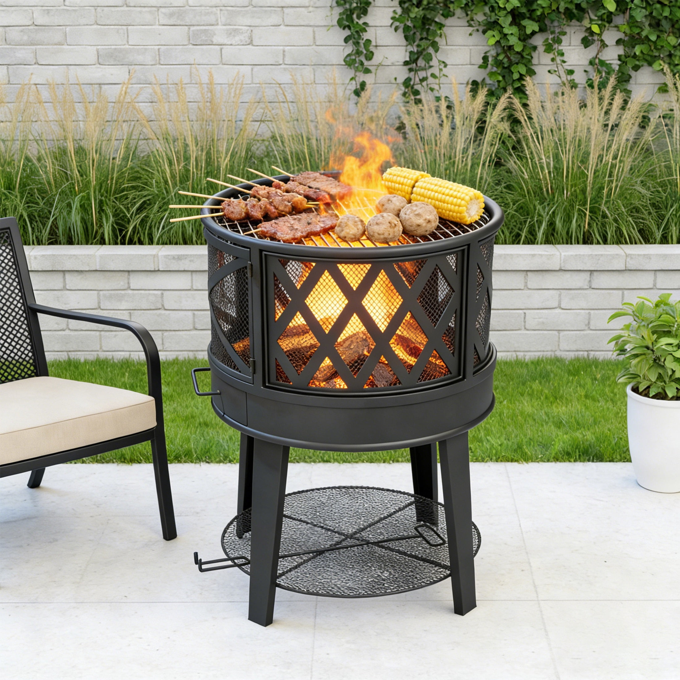 Outdoor 18" Mini Wood Burning Fireplace with Poker ,Fire Pit with Round Grill Top for BBQ,Black