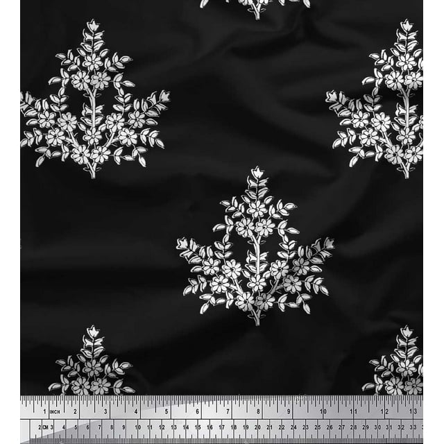 Soimoi Polyester Crepe Fabric Leaves & Floral Block Print Sewing Fabric Yard 52 Inch Wide