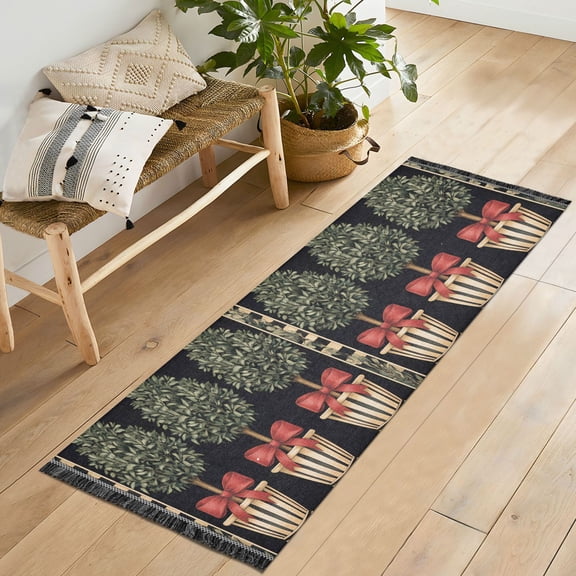 Yayeee Runner Rug for Bedroom 2'x6' Machine Washable Hallway Non Slip Mat, Beige Striped Trees