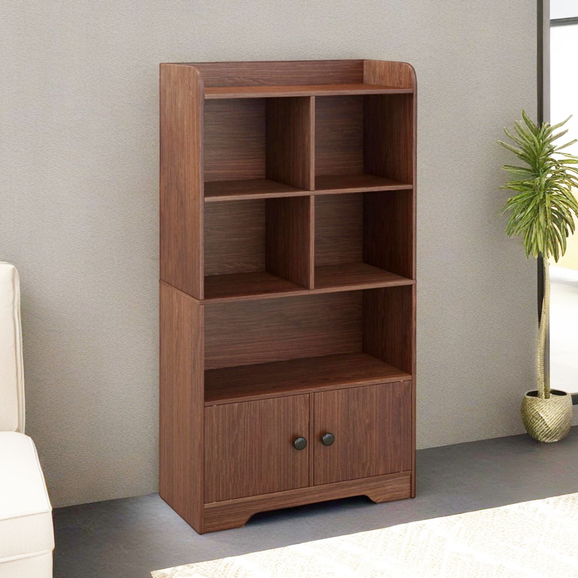 Demi Bonn 4 Tiers Wood Storage Bookcase with 4 Cubes Display Shelf and 2 Doors, Brown