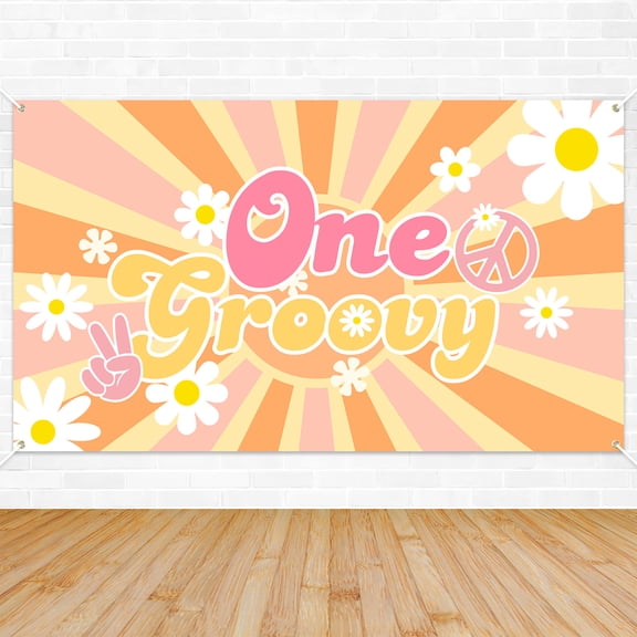 2ooya Groovy 1st Birthday Backdrop,Pink Polyester Party Banner with Sun Daisy Signs, First Birthday Party Decoration