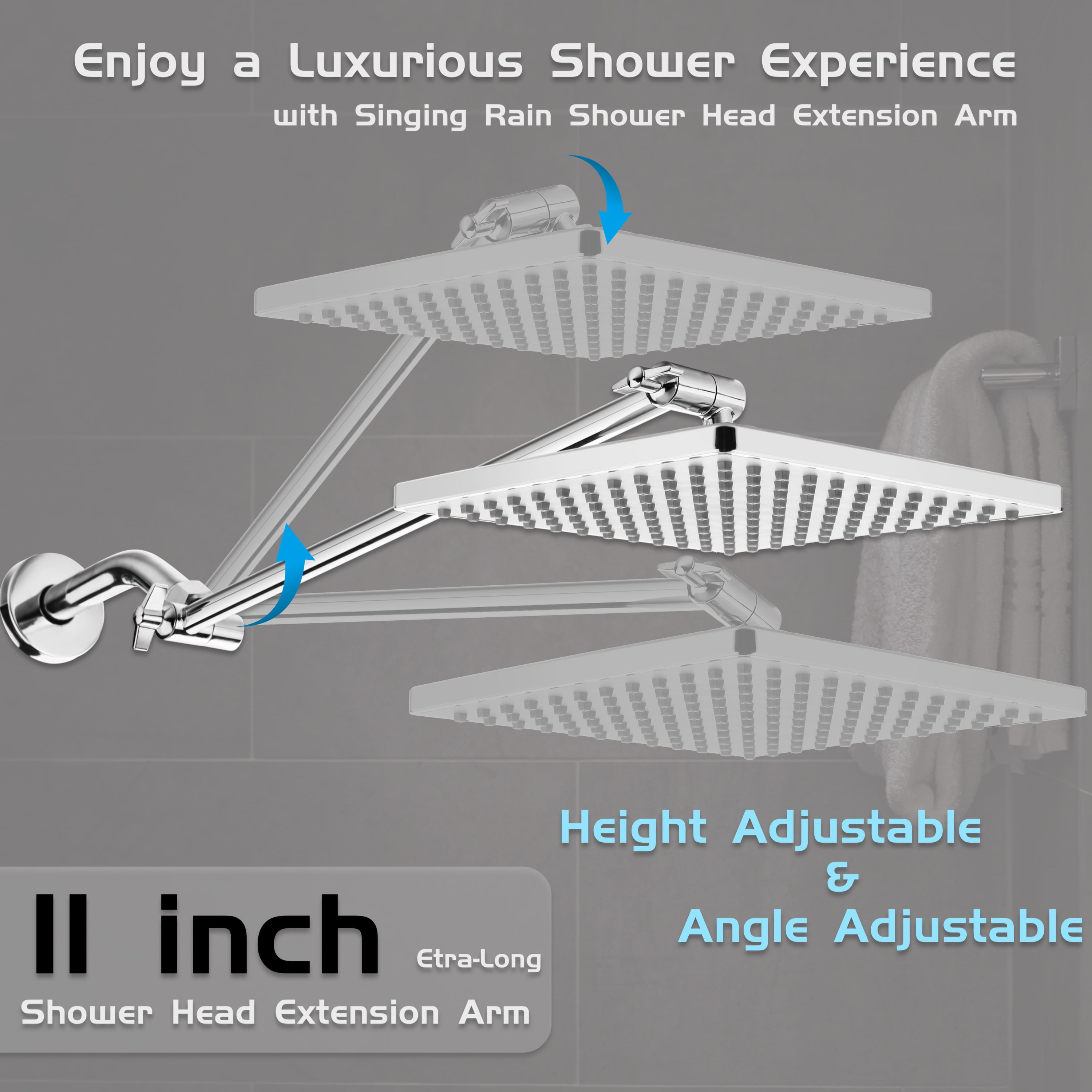Rain Shower Head, 8'' High Pressure Rainfall Square Showerhead with 11'' Shower Head Extension Arm, Brass Adjustable Shower Arm Extender, Rainfall Waterfall Fixed Showerheads, Chrome