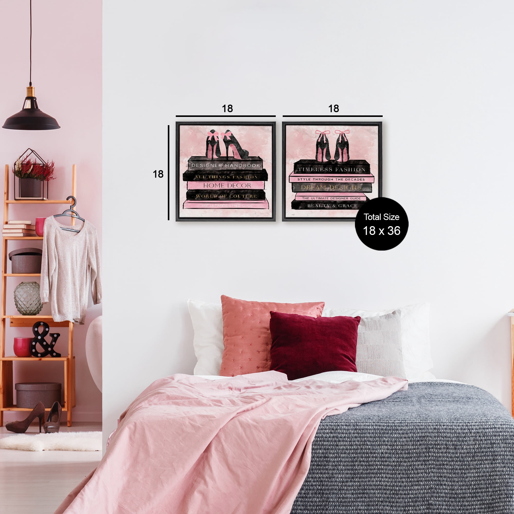 Stupell Industries Pink Heels Atop Books 2 Piece Black Framed Floater Canvas Set, design by Natalie Carpentieri