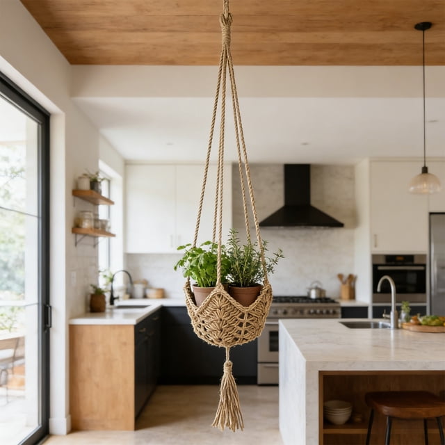 Ohmyroo Handcrafted Woven Hanging Basket Mesh Bag With Soft Cord For Floral Containers Indoor Outdoor Decor 41 Inch