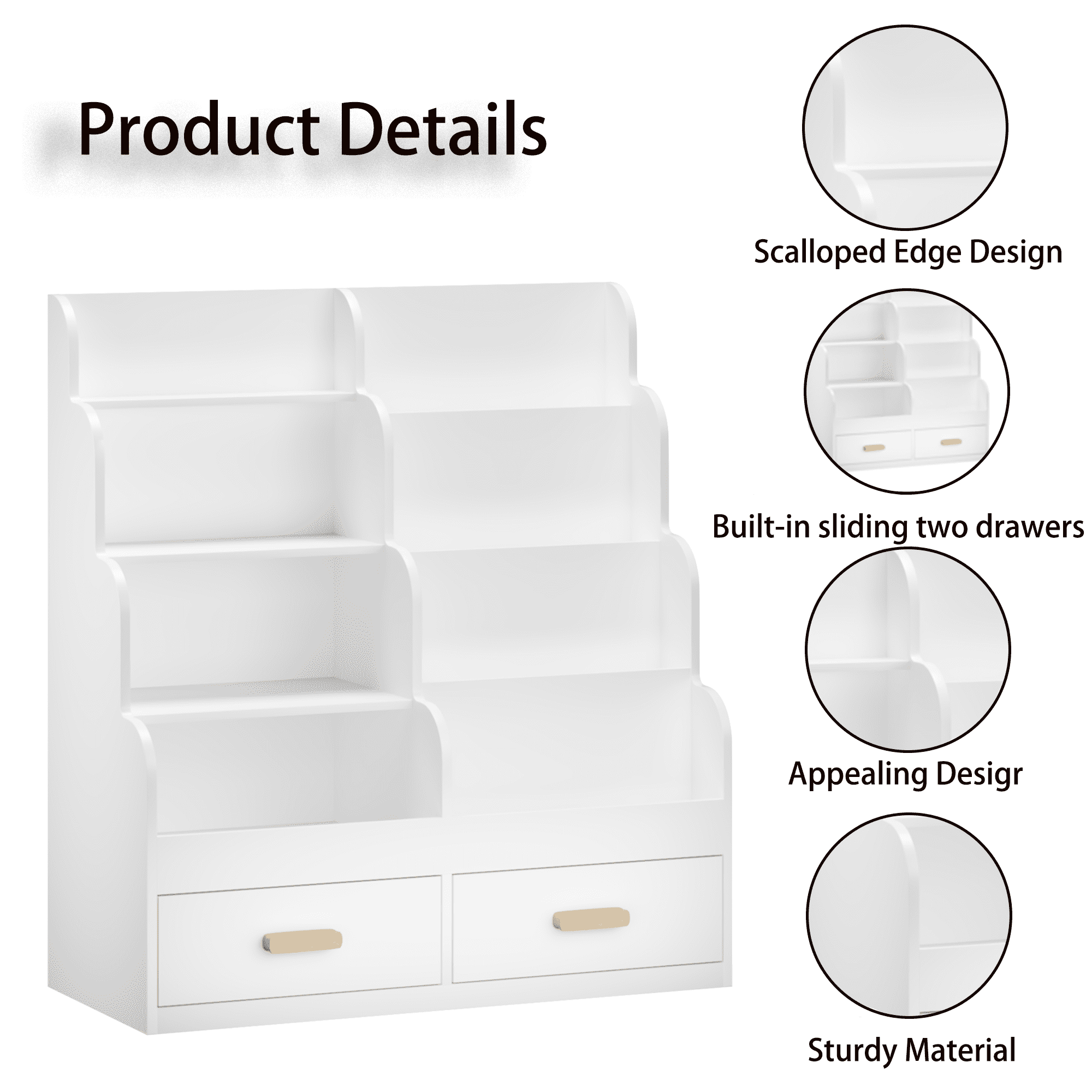 Leumius Kids Bookshelf with 2 Storage Drawers,Multi-Tier Toy Organizer Cabinet Reading Shelf Bookcase for Playroom, Bedroom,White
