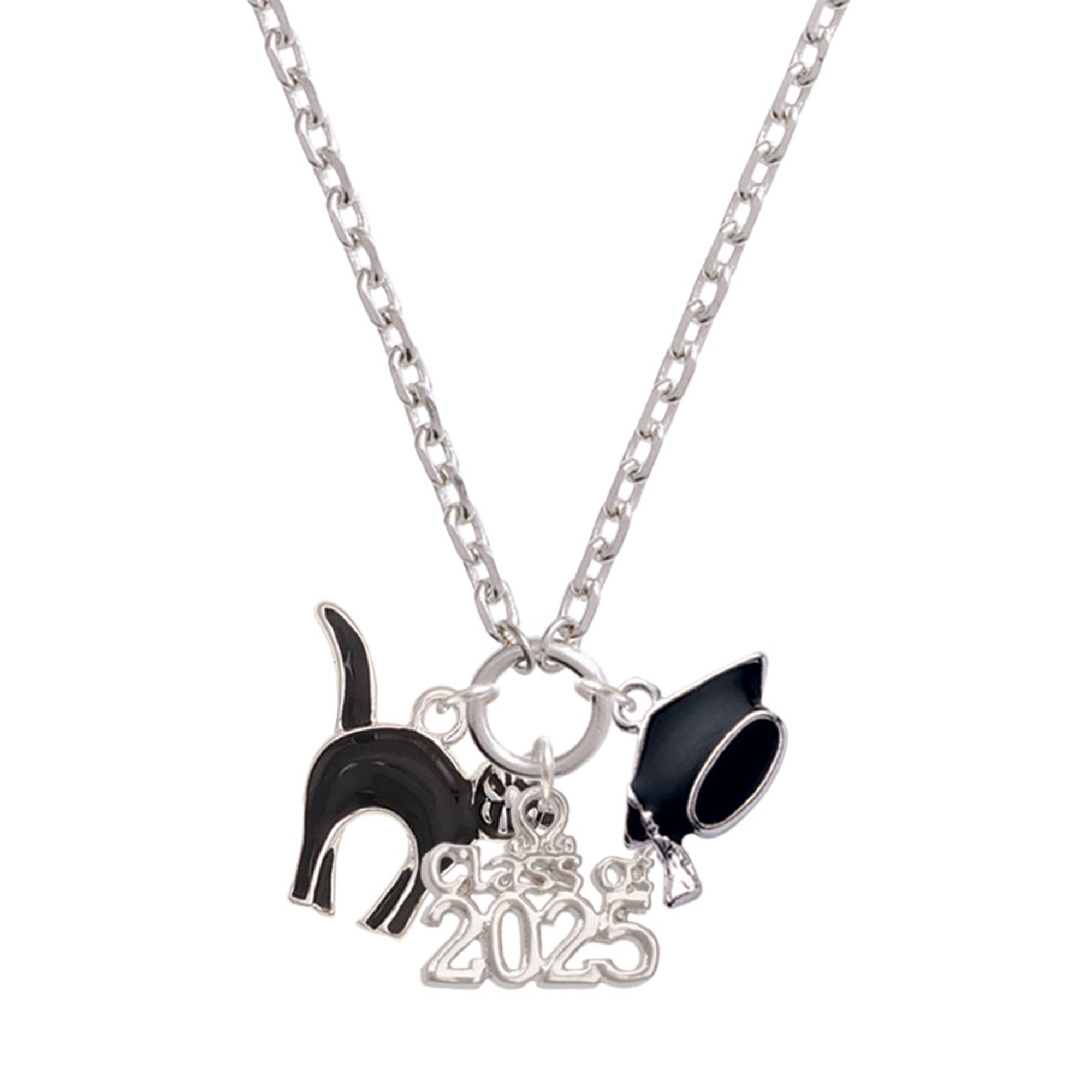 Delight Jewelry Silver-tone Black Standing Cat - Silver-tone Class of 2025 Graduation Zoey Necklace, 28"