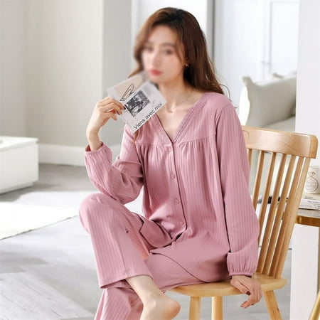 

QWZNDZG Solid Striped Sleepwear Women s Cotton Soft Pajamas Set Casual Cardigan Pajama Elastic Pants for Women Homewear (Color : A Size : XX-Large)