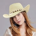 thumbnail image 3 of Women's Linen Sun Hat Wide Brim Panama Fedora Cap for Adults Summer Beach Vacation Cowgirl Hat with Seashell Rope Decor UV Protection Headwear Everyday Casual Apparel Accessory, 3 of 5