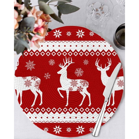 15 Inch Round Placemats Set of 4, Christmas Elk Non Slip Heat Insulation PP Table Mats, Xmas Snowflakes Vintage Red Geometric Art Washable Place Mats for Kitchen Dining Party Table Decor
