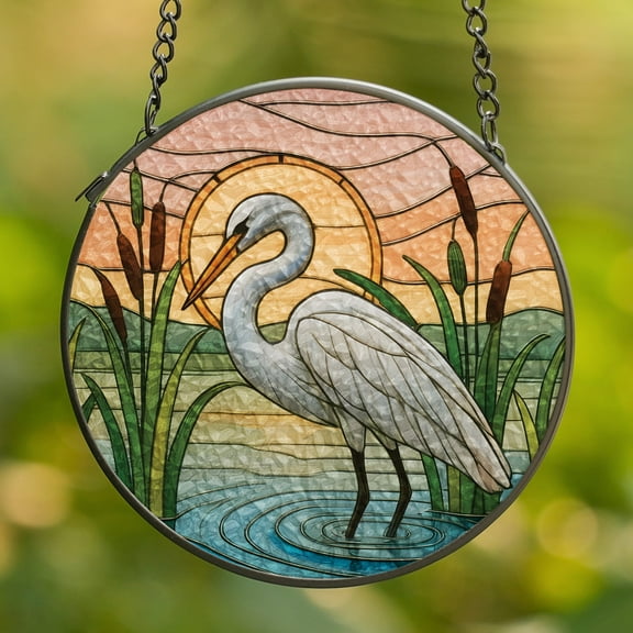 Lotusprinthandmade Great Egret Stained Glass Suncatcher for Window Hanging Cir4in, Bird Window Hanging Home Decor Gift