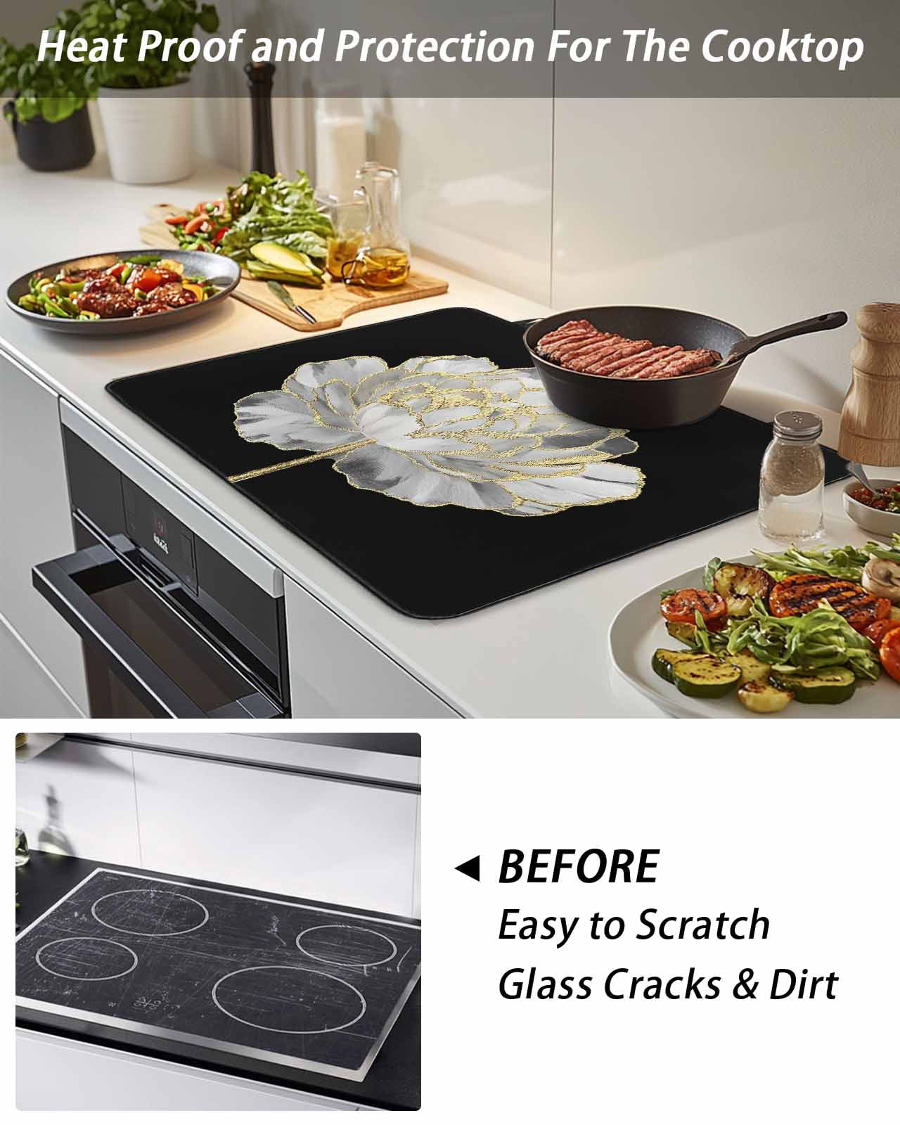 Stove Top Covers for Electric Stove, Flower Black Glass Stovetop Cover Protector, Gold White Abstract Floral Aesthetic Induction Cooktop Protector Oven Mat for Kitchen Countertop 24"x21"