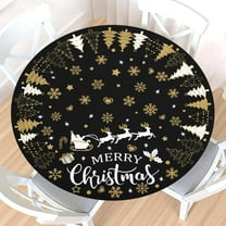 Merry Christm Round Fitted Tablecloth with Elastic Edge,Water-Resistant Winter Black Gold Snowflake Christma Tree Table Cover for 48-52" Found Tables Xmas Table Cloth for Dinner,Outdoor,Patio