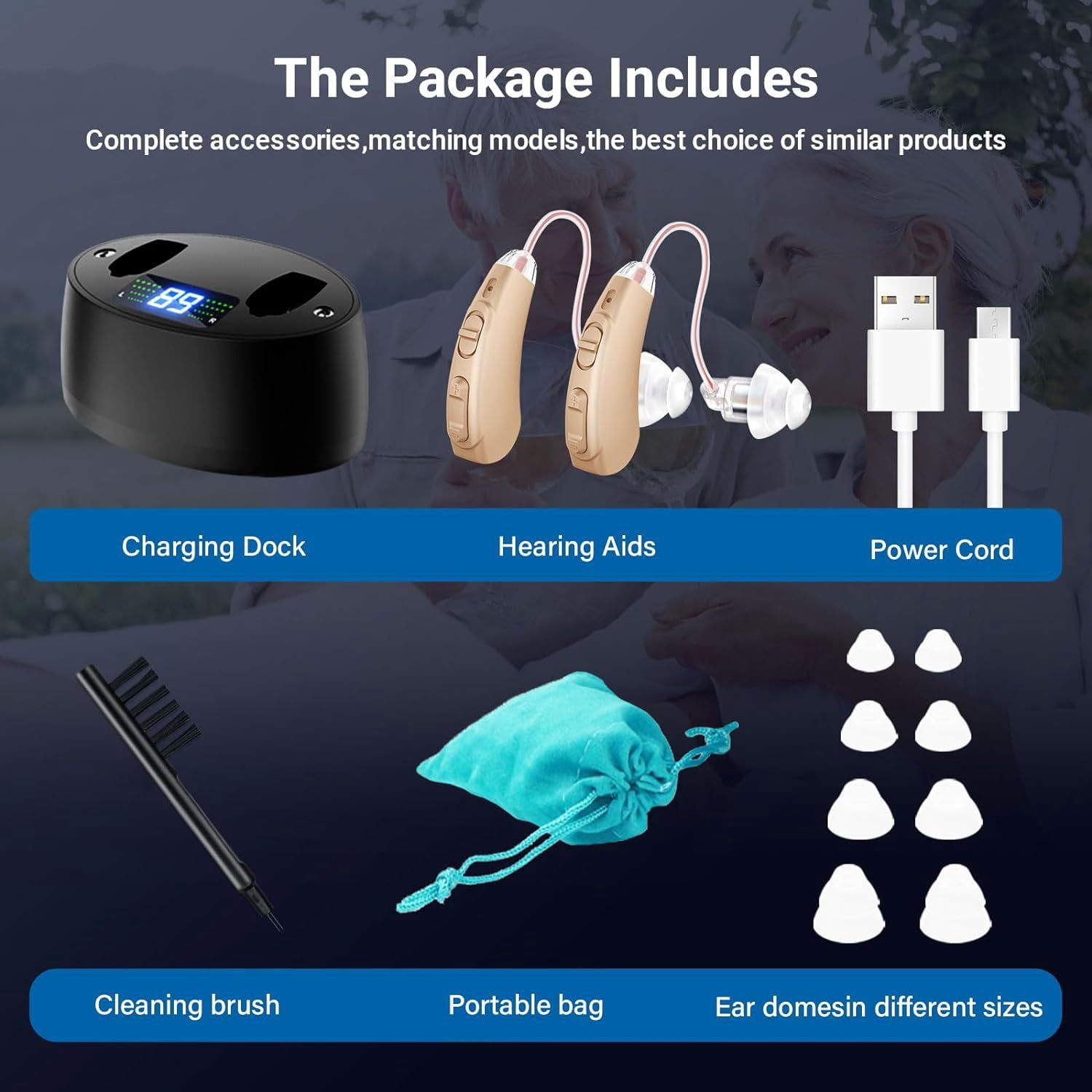 Rechargeable Hearing Aids for Seniors - Behind-the-Ear Hearing Amplifier PSAP Design w/Noise Cancellation, Personal Sound Amplification Device Pair, LCD Magnetic Charging Dock