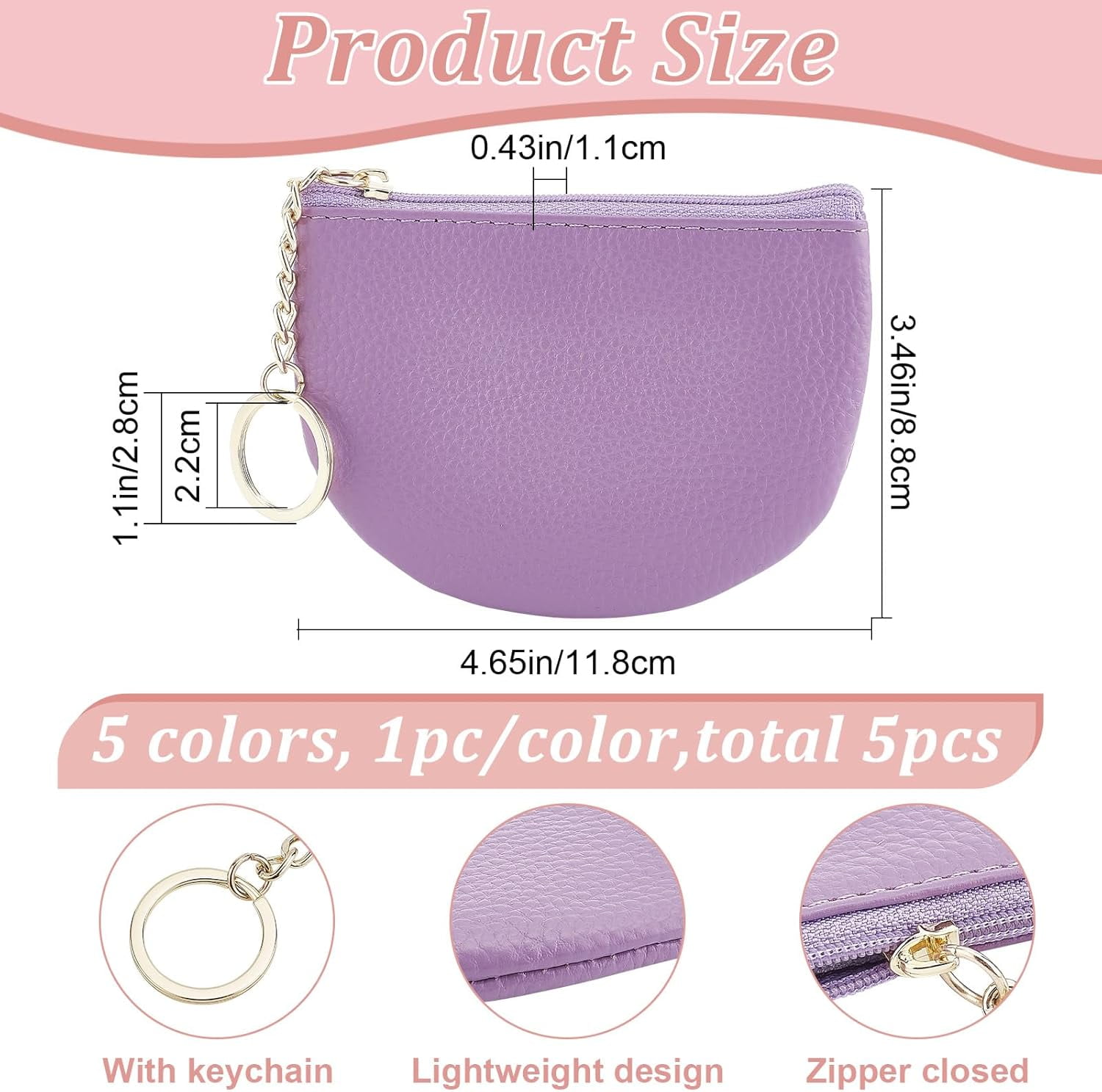 5Pcs 5 Colors Imitation Leather Coin Purse for Women Keychain Wallet with Alloy Split Key Ring Mixed Color 17.5cm 1pc/color