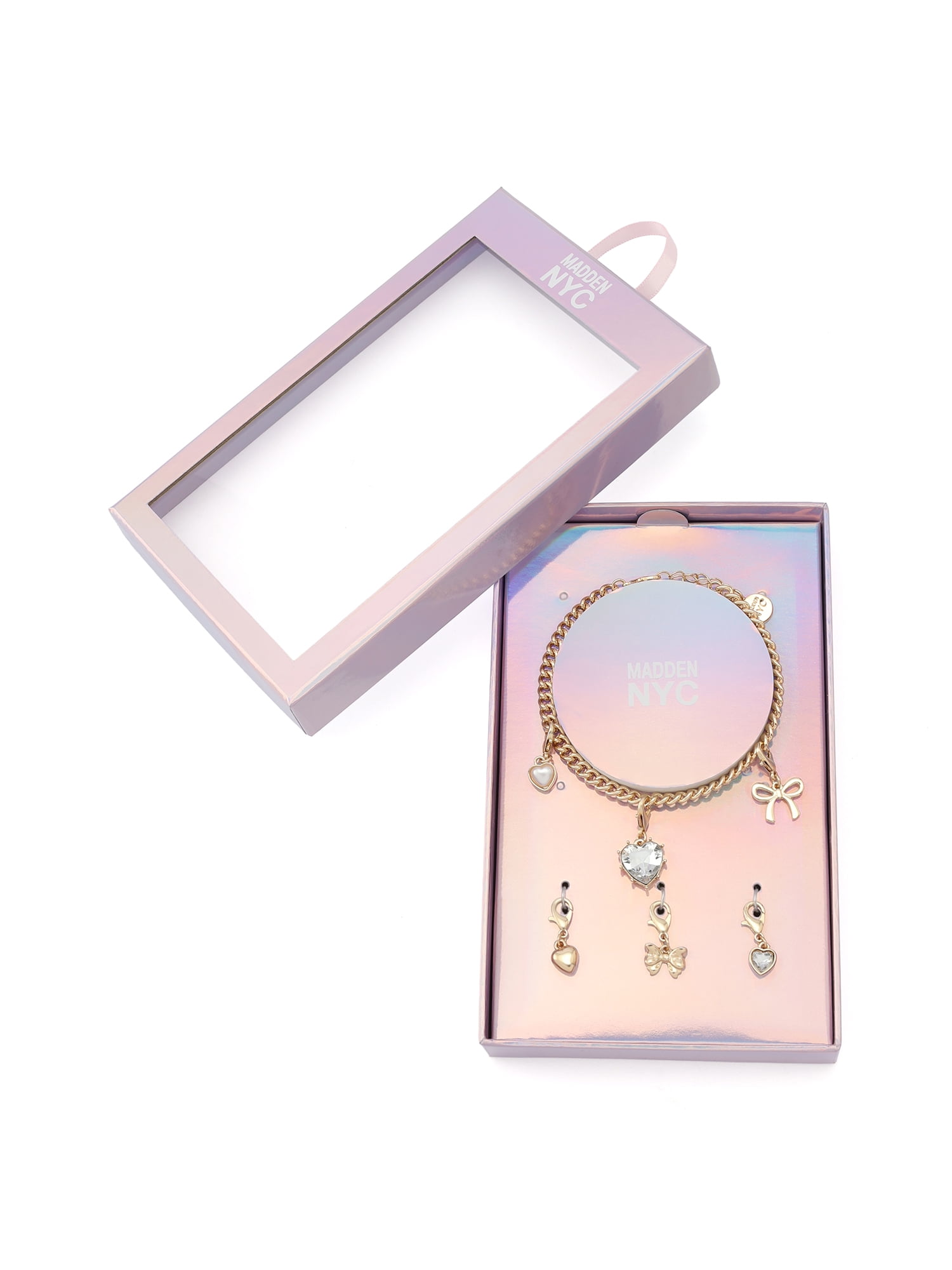 Madden NYC Women's Fashion Gold-Tone Heart Bracelet & 3-Piece Charm Giftable Boxed Jewelry Set
