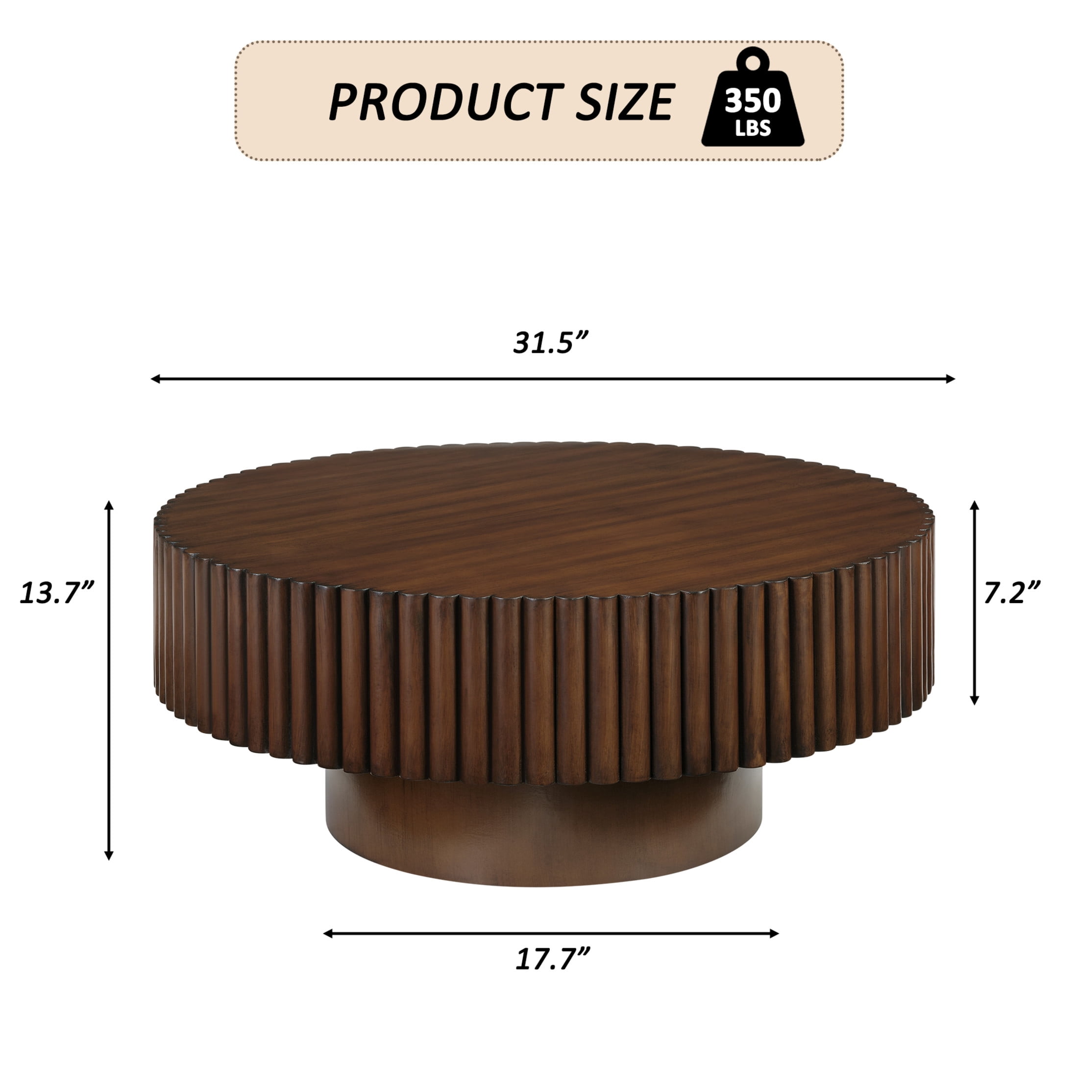 Noble House 31.5" Round Fluted Drum Coffee Table, Solid Wood Modern Center Table for Living Room, Walnut