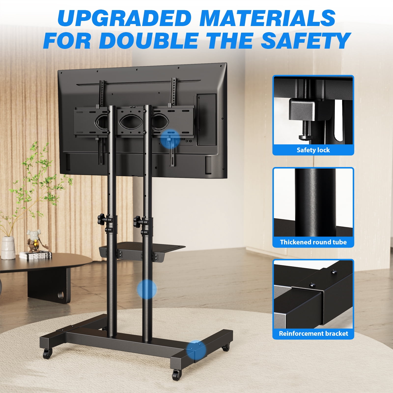 RTVR Rolling TV Cart Stand with Wheels for 32 to 85 inch Screens Mobile Portable TV Stand, Modern Black