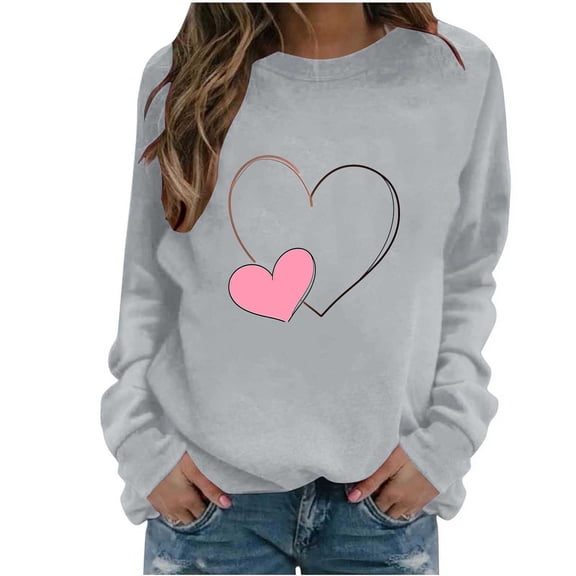 Ounisa Long Sleeve Shirts for Women Crewneck Valentine's Day T Shirts Love Heart Printed Tee Tops Fashionable Winter Fall Tops