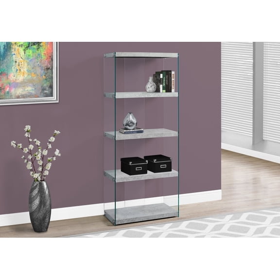 Bookshelf, Bookcase, Etagere, 5 Tier, 60"H, Office, Bedroom, Tempered Glass, Laminate, Grey, Clear, Contemporary, Modern