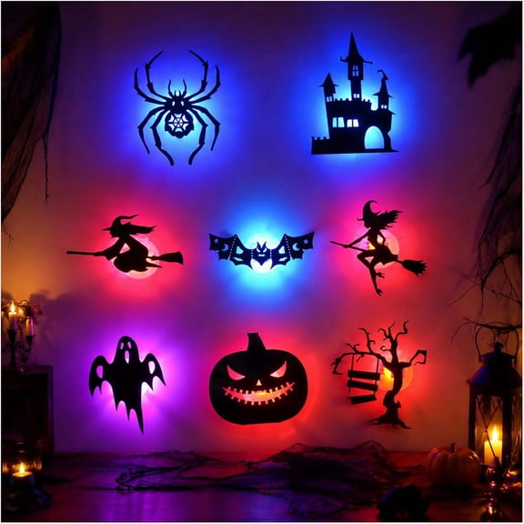 8-pack Halloween LED Silhouette Wall Lights, Peel and Stick Bat Ghost Witch Light Stickers for Window, Door, Wall and Indoor Party Decor