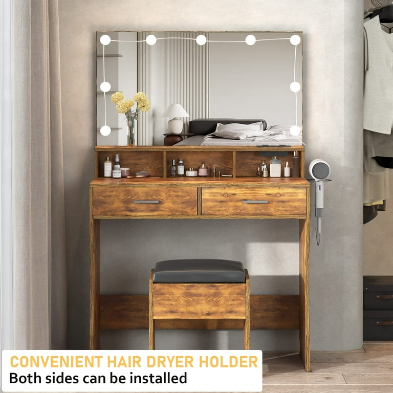 Veanerwood 31.5in Makeup Vanity Table with Lighted Mirror Power