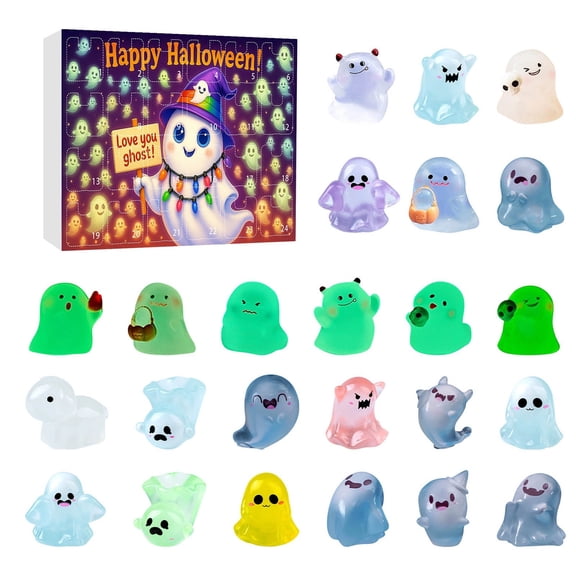Halloween Advent Calendar Glow in The Dark Mini Ghost Figurines Luminous Resin Statues for Garden Decor 24 PCS Set Halloween Countdown Calendar Advent Calendar for Kids Small Ghost Toys for Dollhouse