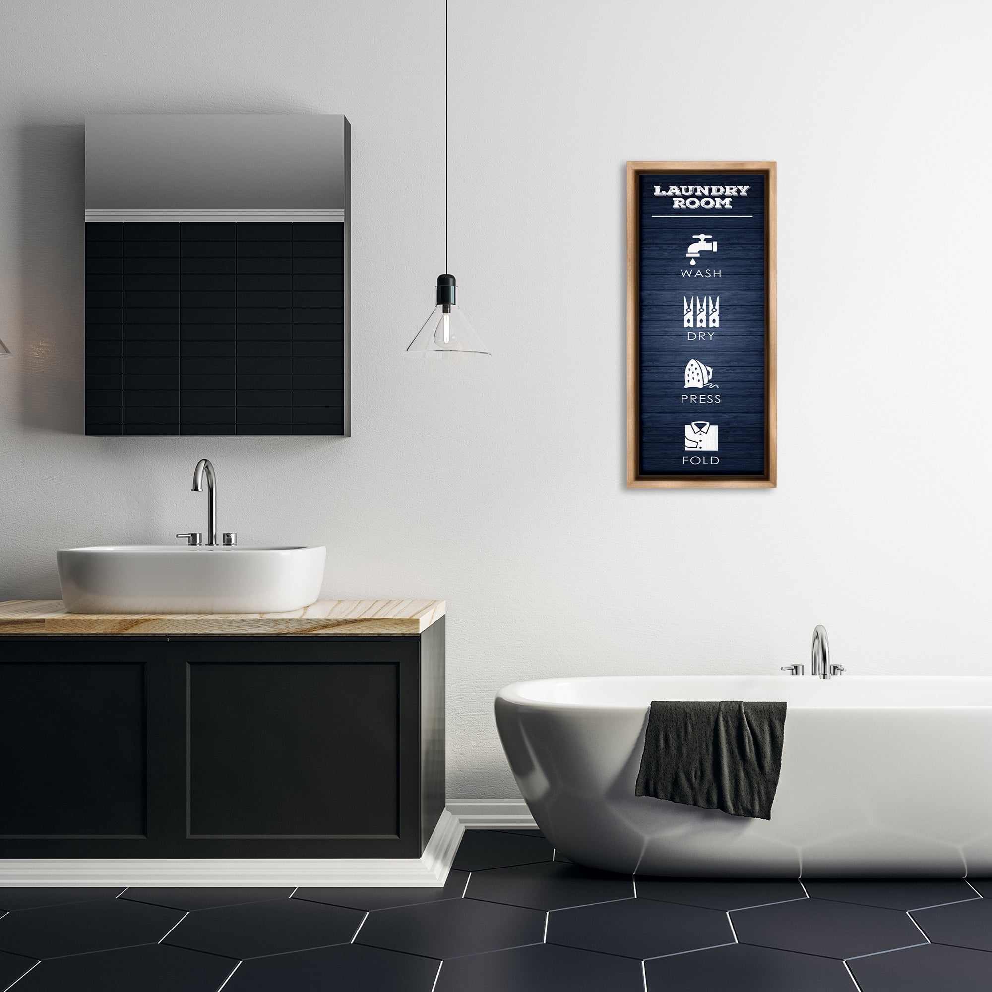 Stupell Industries Laundry Room Icons Rustic Blue Typography Painting Brown Floater Framed Canvas Art Print Wall Art, 15 x 31