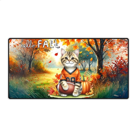 Hello Fall American Shorthair Football Welcome Autumn with Leaves Pumpkins Desk Mat Full Keyboard Mouse Pad Cat Lover Kitten Owner Gifts Large Mousepad - 00012
