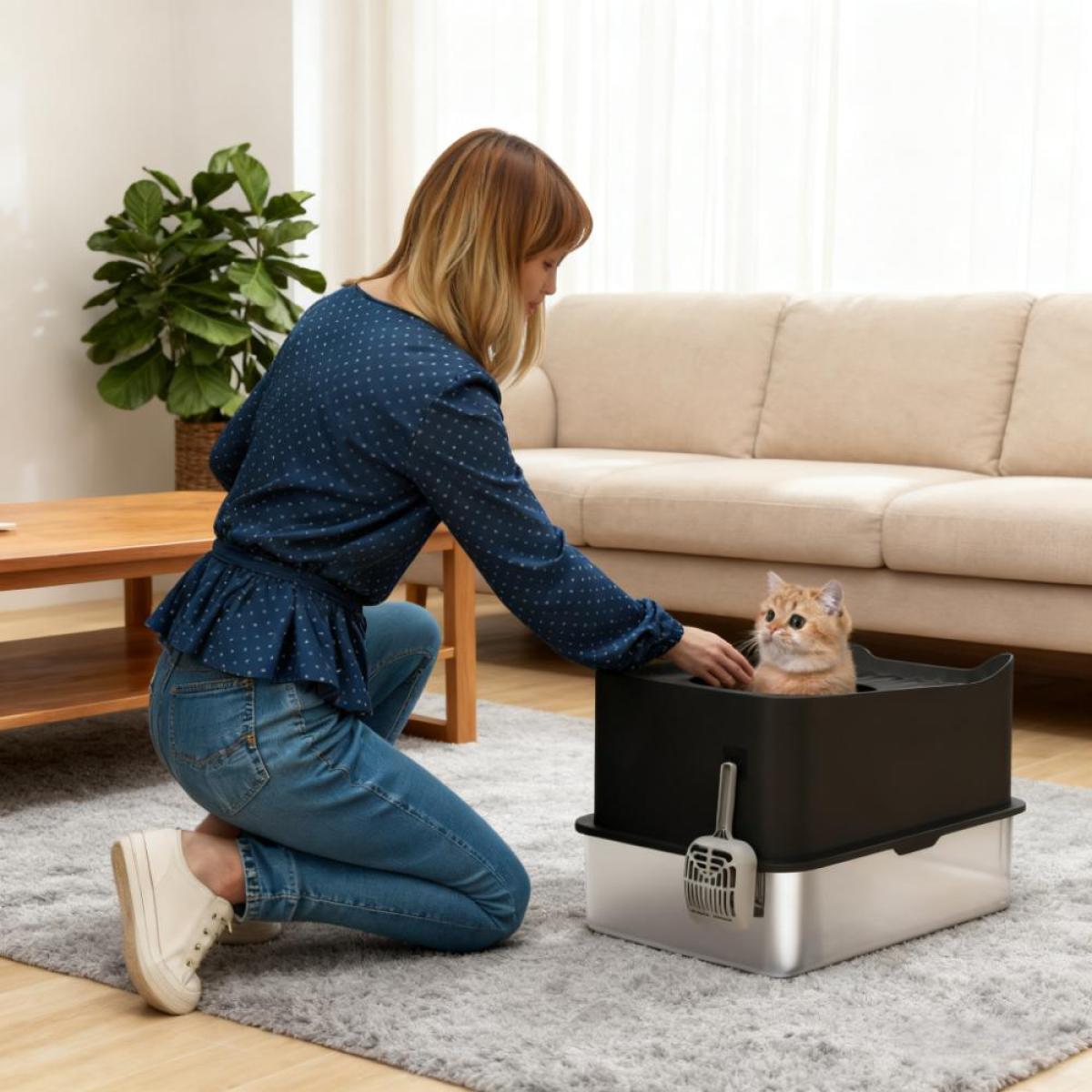 23.6" Enclosed Top Entry Stainless Steel Cat Litter Box - 17.2 Gallon, 20 lbs Capacity, Non-Slip Pads, Odor Control & Easy Clean Tray + Scoop (23.6"Lx15.7"Wx15"H)