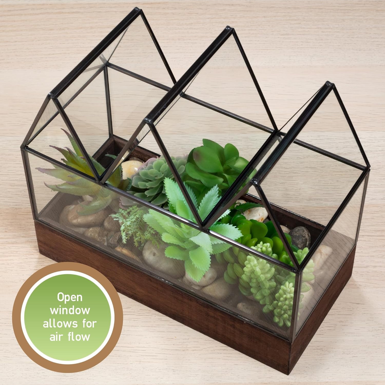 D'Eco Glass Castle Plant Terrarium (10x9x5) - Black Geometric Metal Planter w Wood Base - Grow Your Own Succulents, Plants, Moss, in an Indoor Home Garden - Great Gift for Plant Lovers