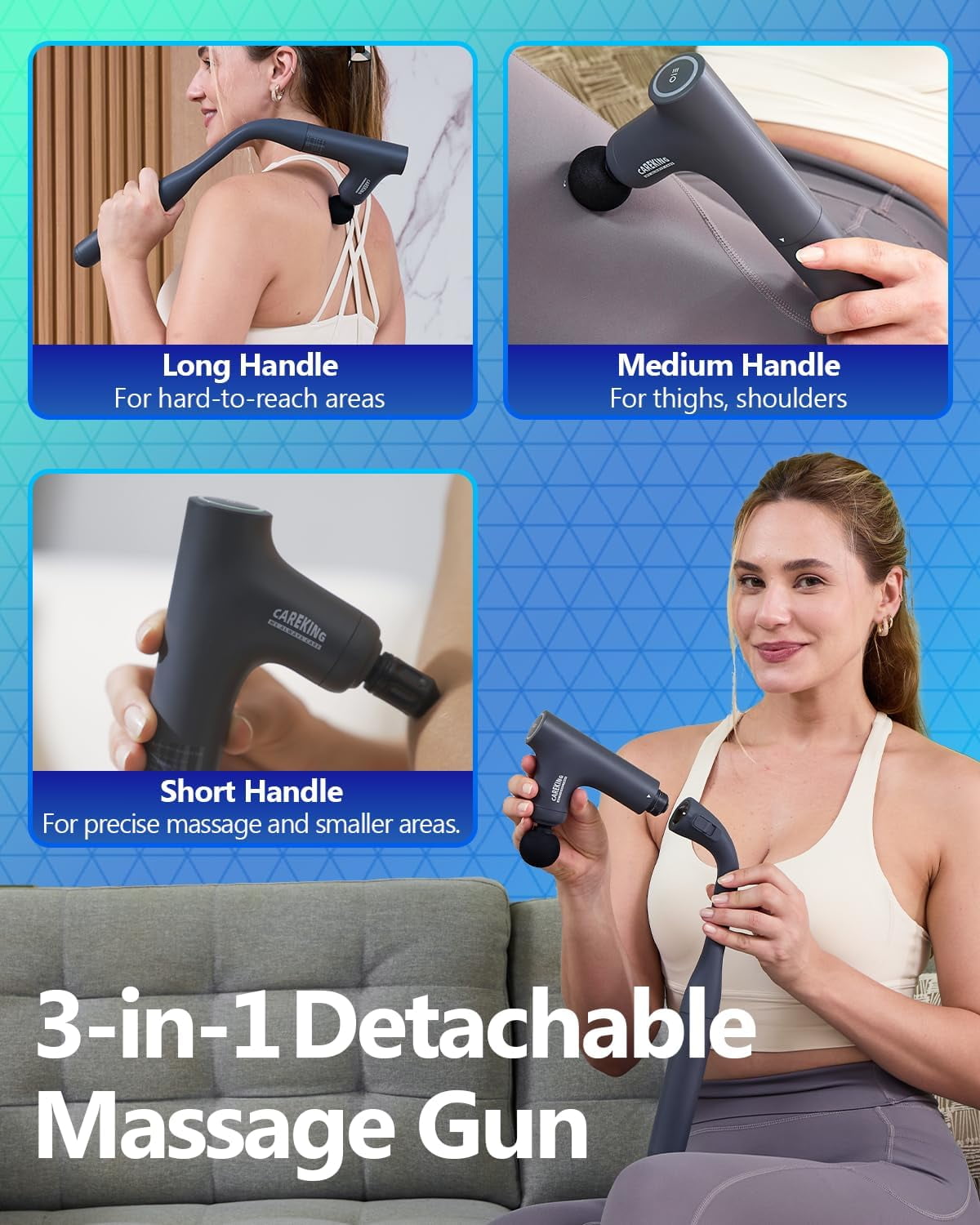 3-in-1 Detachable Massage Gun Deep Tissue, Ergonomic Extension Handle Back Massager for Pain Relief