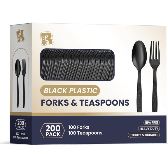 200 Count Black Plastic Silverware Heavy Duty - Black Plastic Forks And Spoons Set - BPA Free Plastic Utensils Set - Heat Resistance Cutlery For All Occasions