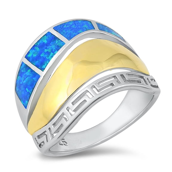 Blue Simulated Opal Cutout Greek Key Ring .925 Sterling Silver Band CZ Jewelry Female Size 6