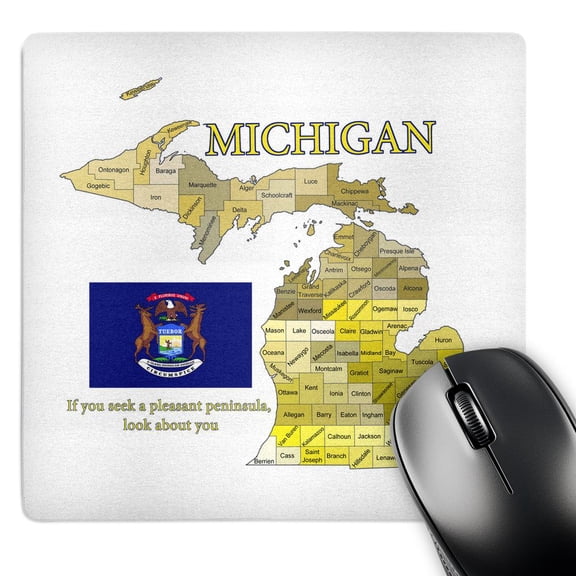3dRose, Flag, Map and motto of Michigan with all counties labeled, MousePad