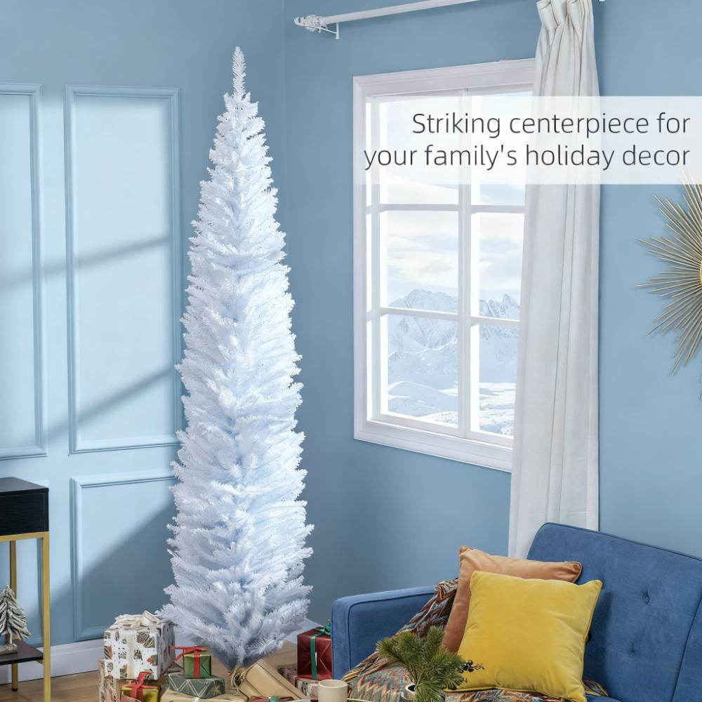8ft Unlit White Pencil Christmas Tree 618 Tips Easy Assembly Plastic Base Small Space Holiday Decor