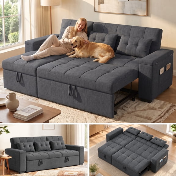 Noelse 3 in 1 Convertible Sofa Bed, Sectional Sleeper Sofa with Storage Armrest and 4-Level Adjustable Backrest, L-Shaped Couch for Living Room, Dark Grey