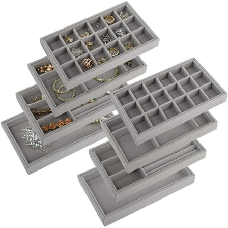IEMIEBSHA 8 Pack Velvet Jewelry Trays Organizer, Stackable Jewelry Display Case Drawer Inserts Tray for Earring, Ring, Necklace, Bracelet, Brooch, Watch, Multi-slot Design, 8.3x5x1 Inch