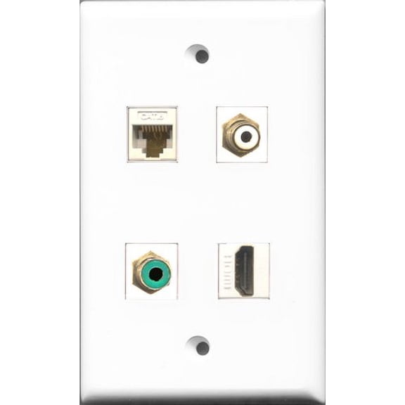 RiteAV 1 Port HDMI and 1 Port RCA White and 1 Port RCA Green and 1 Port Cat6 Ethernet White Wall Plate