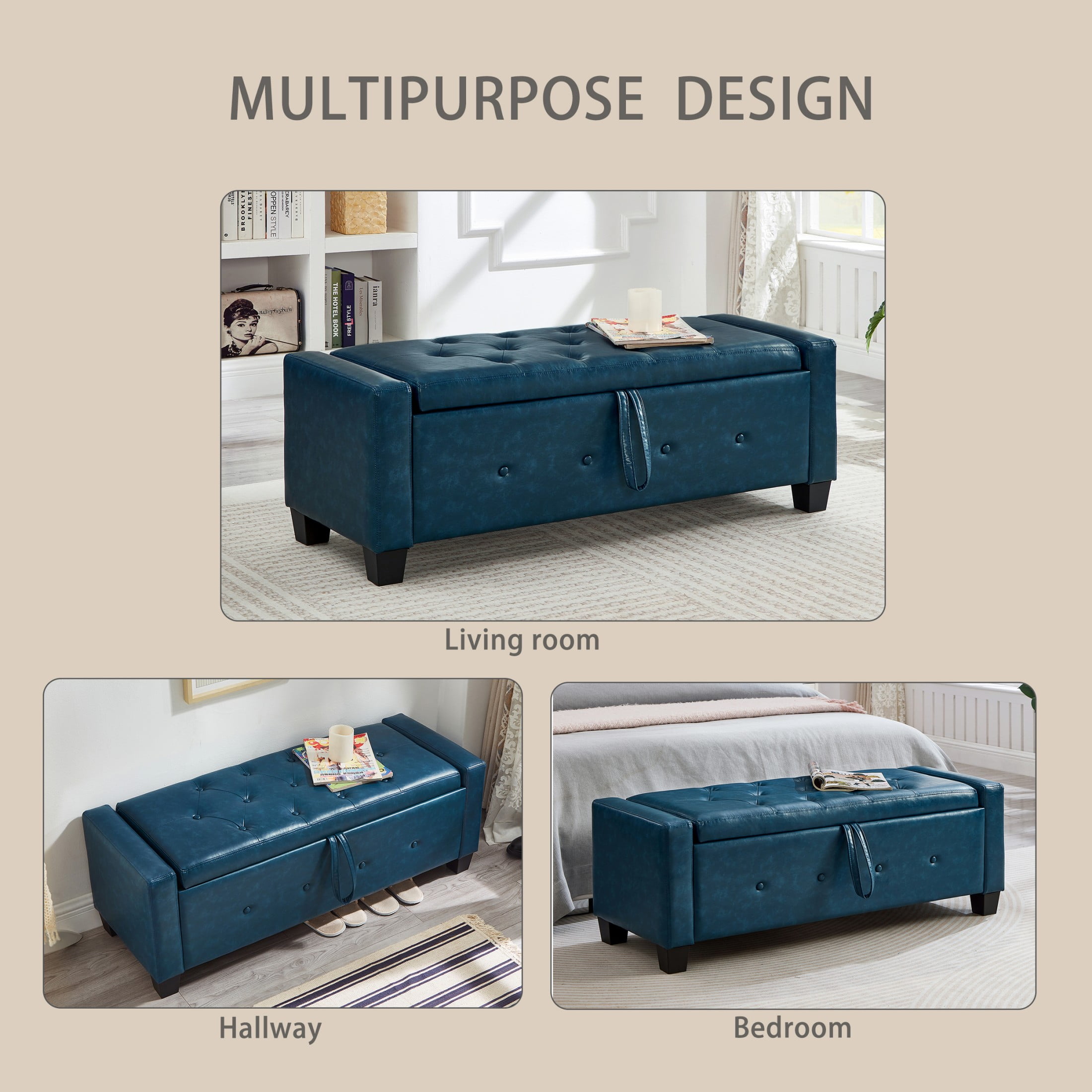 Aukfa 48" Storage Ottoman Bench with Safety Hinges, Upholstered Tufted Faux Leather Bench for Bedroom, Living Room & Entryway, Blue