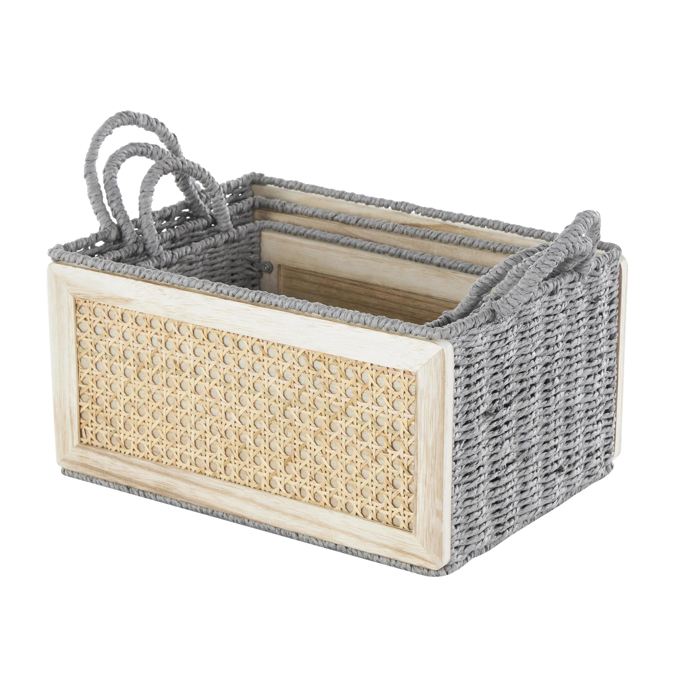 DecMode 14, 13, 10"W Brown Rattan Woven Storage Basket with Rope Handles, 3-Pieces