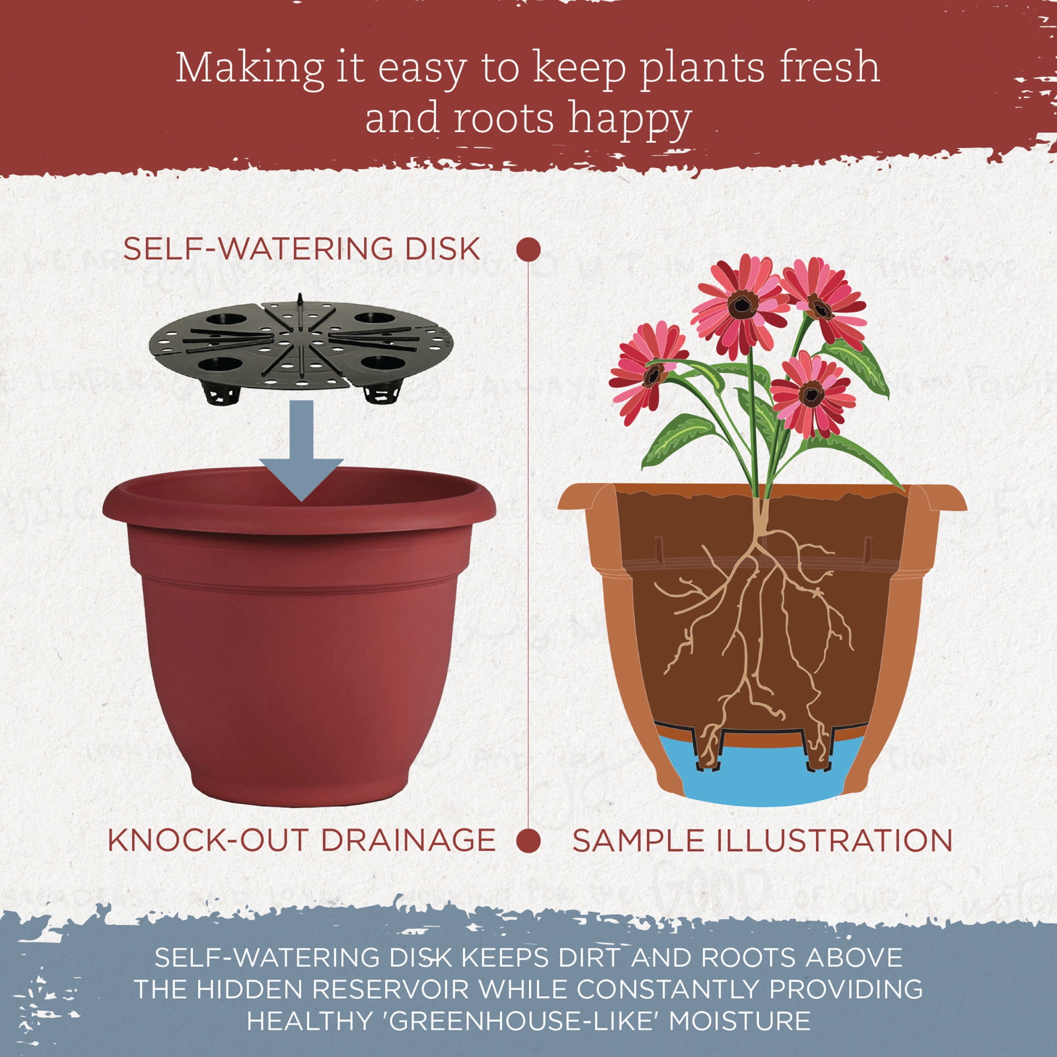 Bloem Ariana 10" Self-Watering Plastic Planter - Rolled Rim Indoor/Outdoor Garden Pot, Burnt Red
